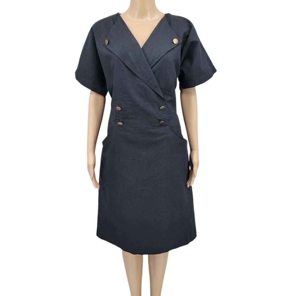 Jennifer Eden Vintage Black Cotton Blend Canvas Double Breasted Midi Dress